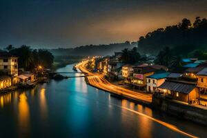 uma rio às noite com luzes em a ponte. gerado por IA foto