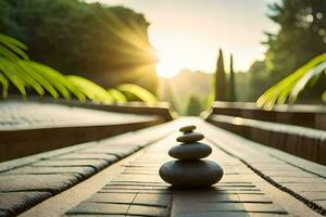 uma zen pedra balanceamento em uma de madeira passarela. gerado por IA foto