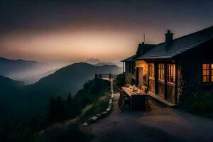 uma pequeno casa senta em a lado do uma montanha às pôr do sol. gerado por IA foto
