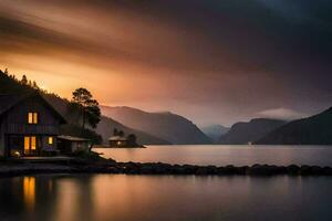 uma casa senta em a costa do uma lago às pôr do sol. gerado por IA foto