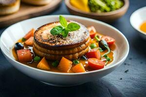 uma prato do Comida com legumes e pão. gerado por IA foto