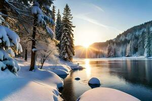 neve coberto árvores e a Sol brilhando sobre uma rio. gerado por IA foto