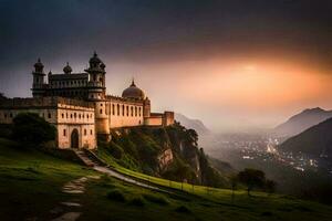 a Sol conjuntos sobre uma castelo em topo do uma colina. gerado por IA foto