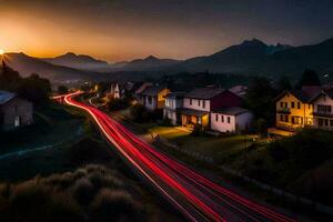 uma estrada dentro a montanhas às pôr do sol. gerado por IA foto