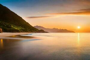 a Sol conjuntos sobre uma de praia e montanhas. gerado por IA foto