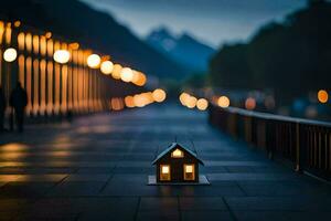 uma pequeno casa senta em a calçada às noite. gerado por IA foto