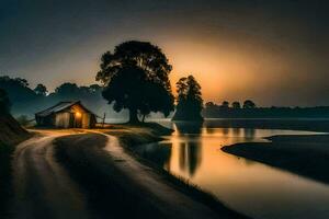 uma pequeno casa senta em a lado do uma rio às pôr do sol. gerado por IA foto