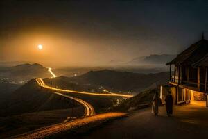 a lua sobe sobre a montanhas às noite. gerado por IA foto