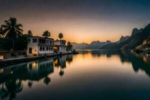 a Sol conjuntos sobre uma lago e casas dentro a fundo. gerado por IA foto