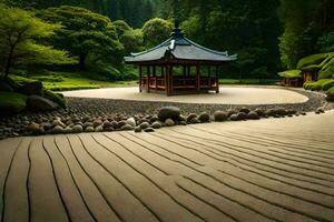 uma japonês jardim com uma pagode e pedras. gerado por IA foto