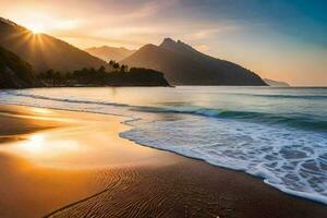 a Sol sobe sobre a oceano e montanhas dentro isto lindo de praia cena. gerado por IA foto