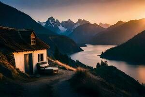 a casa em a lago, lago, montanhas, pôr do sol, casa, hd papel de parede. gerado por IA foto