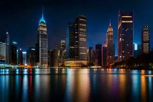 a cidade Horizonte às noite com luzes refletindo fora a água. gerado por IA foto