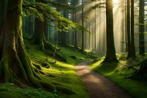 uma caminho através uma verde floresta com árvores e raios de sol. gerado por IA foto