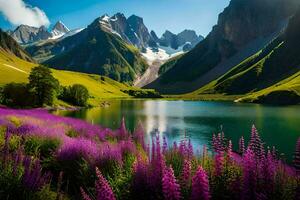 uma lago cercado de roxa flores e montanhas. gerado por IA foto