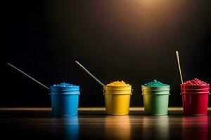 colorida pintura dentro baldes em uma Sombrio mesa. gerado por IA foto