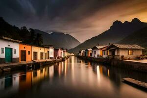 uma canal dentro a montanhas com casas. gerado por IA foto