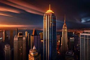 a cidade Horizonte às pôr do sol com uma colorida céu. gerado por IA foto