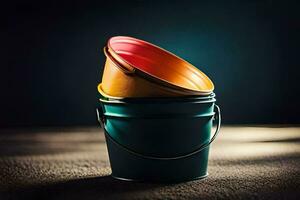 uma balde com dois colorida baldes em uma Sombrio fundo. gerado por IA foto