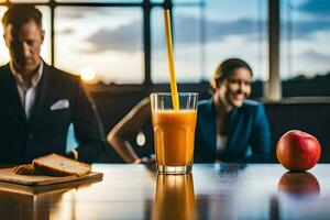 uma homem e mulher sentado às uma mesa com a maçã e laranja suco. gerado por IA foto