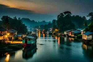 uma rio às noite com casas em a bancos. gerado por IA foto