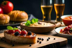 uma mesa com Comida e bebidas em isto. gerado por IA foto