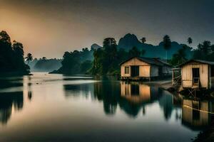 uma casa senta em a costa do uma rio às pôr do sol. gerado por IA foto