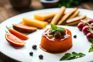 uma prato com uma sobremesa e alguns legumes. gerado por IA foto