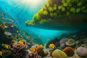 a embaixo da agua cena com coral recifes e peixe. gerado por IA foto