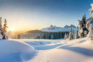 foto papel de parede a céu, neve, árvores, montanhas, sol, inverno, a montanhas, o. gerado por IA