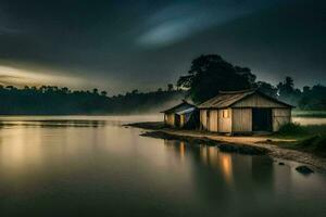 uma pequeno cabana senta em a costa do uma lago às noite. gerado por IA foto