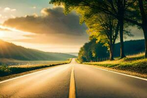 uma grandes esvaziar estrada com árvores e a Sol brilhando. gerado por IA foto