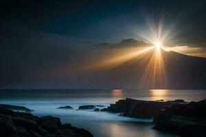 a Sol brilha sobre a oceano e pedras. gerado por IA foto