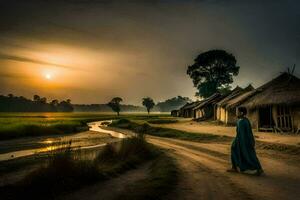 uma mulher anda em ao longo uma sujeira estrada dentro frente do uma cabana dentro a meio do uma arroz campo. gerado por IA foto