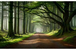 uma estrada através uma floresta com árvores e grama. gerado por IA foto