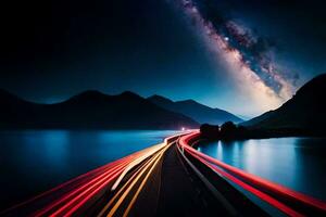uma grandes exposição fotografia do uma estrada e a leitoso dentro a noite céu. gerado por IA foto