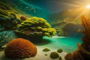 a Sol brilha sobre coral recifes e peixe. gerado por IA foto