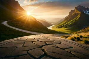 a Sol sobe sobre uma estrada dentro a montanhas. gerado por IA foto