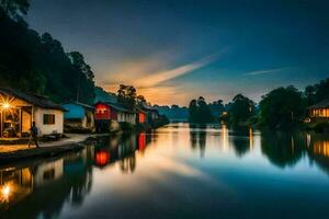 uma rio às pôr do sol com casas e árvores gerado por IA foto