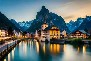 a Cidade do Altenburg dentro a Alpes às crepúsculo. gerado por IA foto