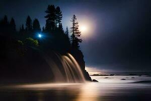 uma cascata e árvores estão aceso acima de a lua. gerado por IA foto