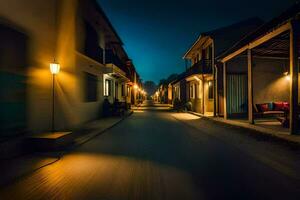 uma rua às noite com uma rua lâmpada. gerado por IA foto