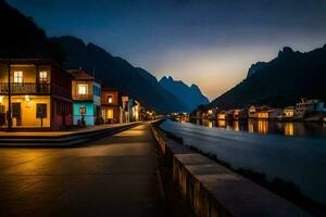 uma rio dentro a montanhas às noite com casas. gerado por IA foto