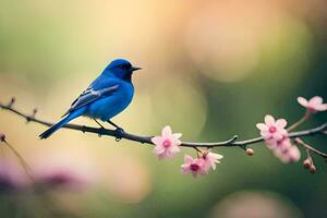 uma azul pássaro senta em uma ramo com Rosa flores gerado por IA foto