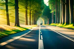 uma estrada com árvores e Sol brilhando através a árvores gerado por IA foto