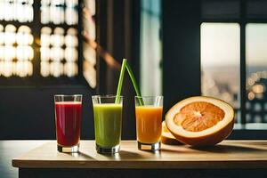 três óculos do suco em uma mesa com uma fatia do laranja. gerado por IA foto