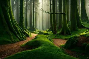 uma caminho através uma floresta com verde musgo. gerado por IA foto