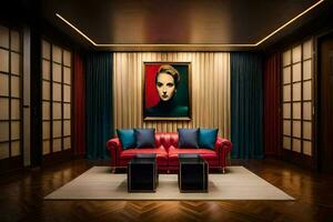 uma vermelho sofá dentro uma quarto com uma pintura em a muro. gerado por IA foto