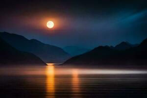 a lua é brilhando sobre uma lago e montanhas. gerado por IA foto