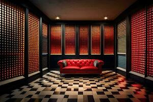 uma vermelho sofá dentro uma quarto com Preto e branco xadrez chão. gerado por IA foto
